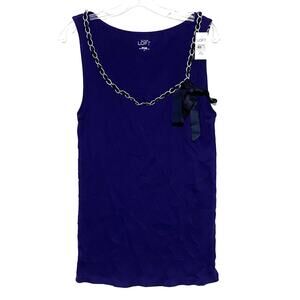 Ann Taylor Loft Purple Ribbed Cotton Tank Top Chain Lace Accent Bow Women XL NWT